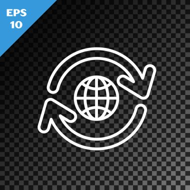 Beyaz çizgi Gezegen Dünya ve şeffaf karanlık arka planda izole edilmiş bir geri dönüşüm ikonu. Çevresel konsept. Vektör İllüstrasyonu