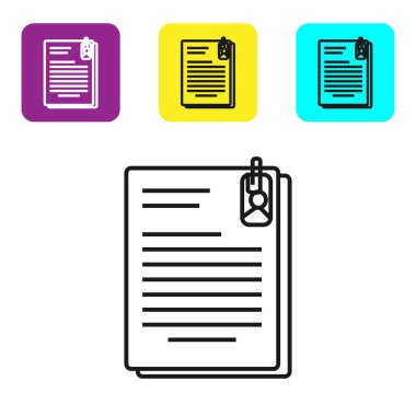 Siyah satır Dosya belgesi ve beyaz arka planda yalıtılmış ataş simgesi. Denetim listesi simgesi. İş konsepti. Simgeleri renkli kare düğmeleri ayarlayın. Vektör İllüstrasyonu