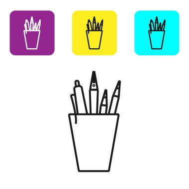 Siyah çizgi Kalem kasa kırtasiye simgesi beyaz arka plan üzerinde izole. Kalem, kalem, ofis için bir bardak cetvel. Simgeleri renkli kare düğmeleri ayarlayın. Vektör İllüstrasyonu