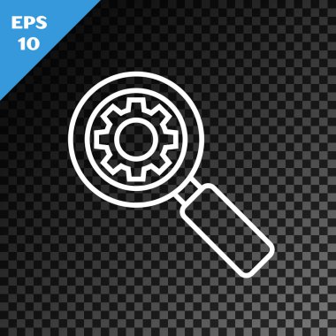 Beyaz çizgi büyüteç ve vites simgesi şeffaf koyu arkaplanda izole edilmiş. Arama ekipmanı. İş analizi sembolü. Vektör İllüstrasyonu
