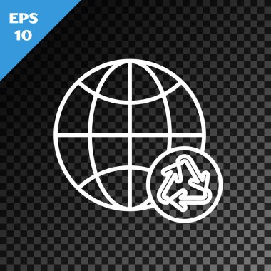 Beyaz çizgi Gezegen Dünya ve şeffaf karanlık arka planda izole edilmiş bir geri dönüşüm ikonu. Çevresel konsept. Vektör İllüstrasyonu