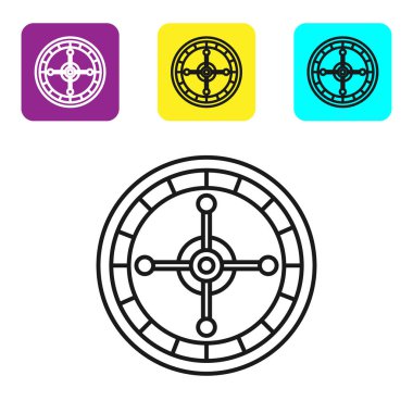 Siyah çizgi kumarhane rulet ikonu beyaz arka planda izole edilmiş. Renkli kare düğmeleri ayarlayın. Vektör İllüstrasyonu