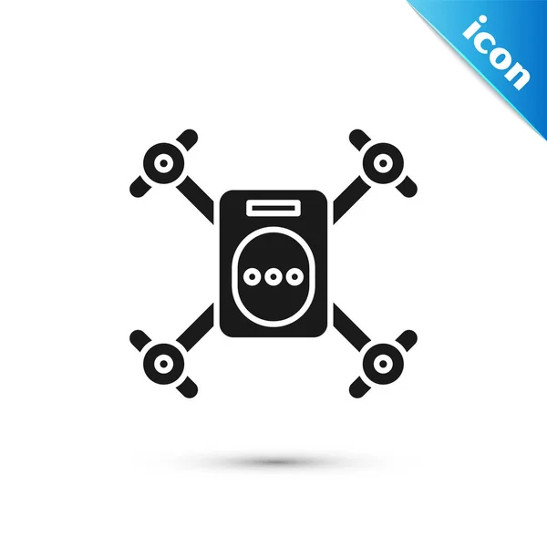 Black Drone voando com ícone de câmera de vídeo de ação isolado no fundo branco. Quadrocopter com símbolo de câmera de vídeo e foto. Ilustração vetorial — Vetor de Stock