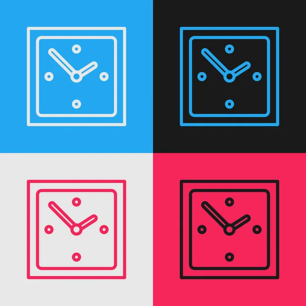 カラーラインクロックアイコンは 色の背景に分離されています 時間記号 ヴィンテージスタイルの図面 ベクトルイラストレーション — ストックベクタ