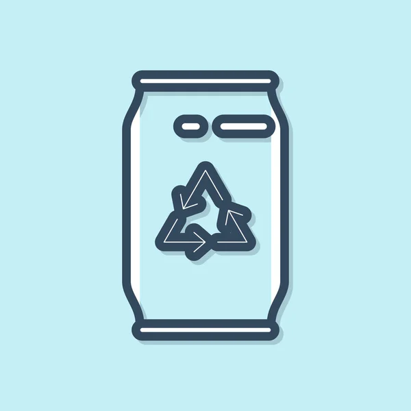 Blue line Can with recycle symbol and can icon isolated on blue background. Trash can icon. Garbage bin sign. Recycle basket sign.  Vector Illustration