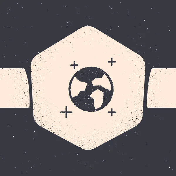 Grunge Earth globo icono aislado sobre fondo gris. Signo del mundo o la Tierra. Símbolo global de Internet. Formas geométricas. Dibujo vintage monocromo. Ilustración vectorial — Vector de stock