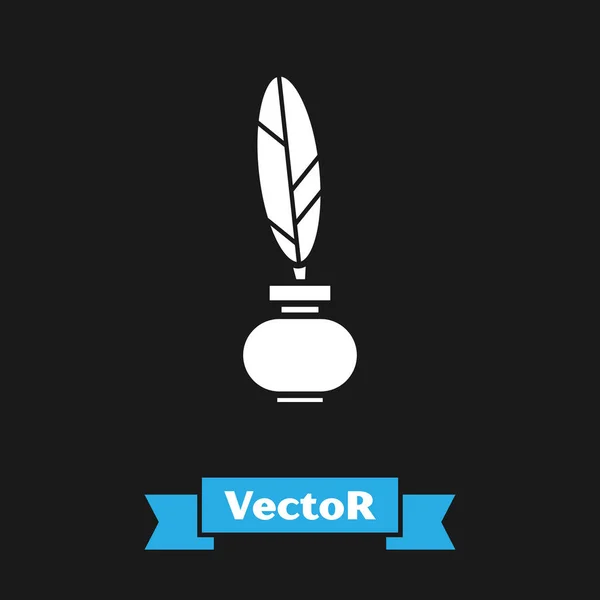 Icono de pluma blanca y tintero aislado sobre fondo negro. Ilustración vectorial — Vector de stock