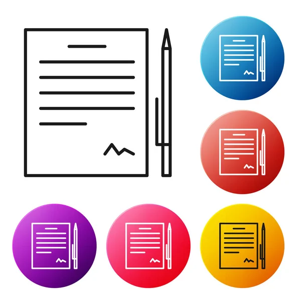 Zwarte Lijn Contract Met Pen Pictogram Geïsoleerd Witte Achtergrond Bestand — Stockvector