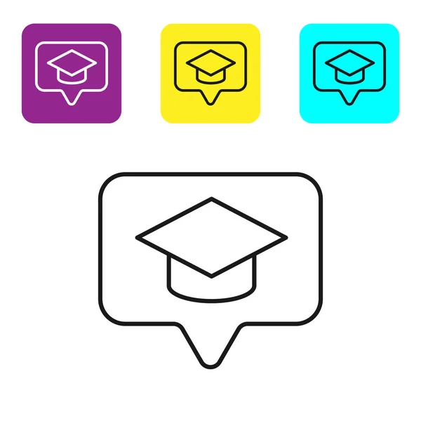 黒い線白い背景に隔離されたスピーチバブルアイコンの卒業キャップ タッセルアイコンで卒業帽子 カラフルな正方形のボタンを設定します ベクターイラスト — ストックベクタ