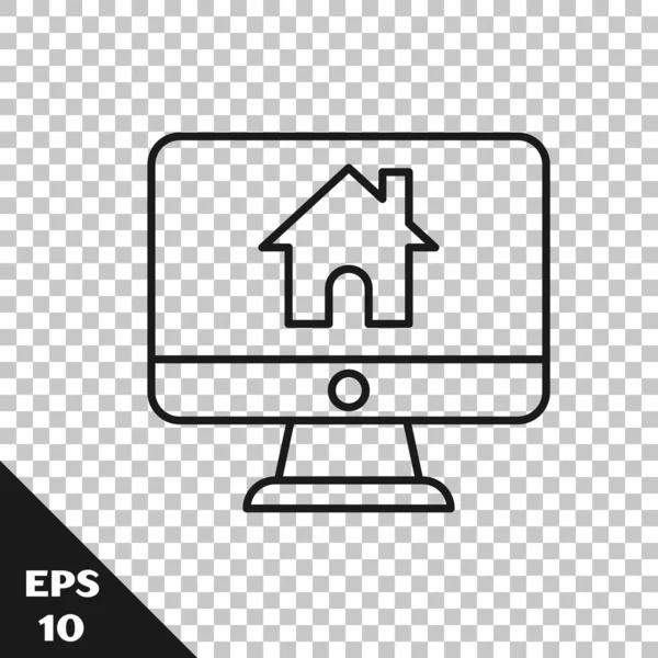Black line Computer monitor with smart home icon isolated on transparent background. Remote control.  Vector Illustration
