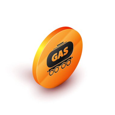 Isometric Gas railway cistern icon isolated on white background. Train gasoline tank on railway car. Rail freight. Orange circle button. Vector Illustration
