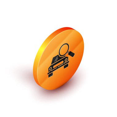 Beyaz arkaplanda Isometric Araba Arama simgesi izole edildi. Arabalı büyüteç. Turuncu daire düğmesi. Vektör İllüstrasyonu