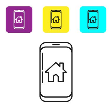 Beyaz arka planda izole akıllı ev simgesi ile Siyah hat Cep telefonu. Uzaktan kumanda. Simgeleri renkli kare düğmeleri ayarlayın. Vektör İllüstrasyonu