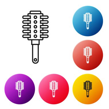 Beyaz arkaplanda siyah çizgi saç fırçası simgesi izole edildi. Taraklı saç işareti. Berber sembolü. Renkli daire düğmelerini ayarlayın. Vektör İllüstrasyonu