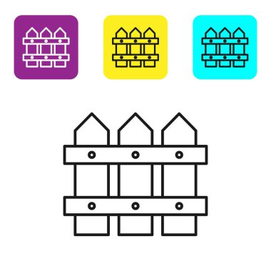 Siyah çizgili bahçe çitleri beyaz arka planda izole edilmiş ahşap ikon. Renkli kare düğmeleri ayarlayın. Vektör İllüstrasyonu