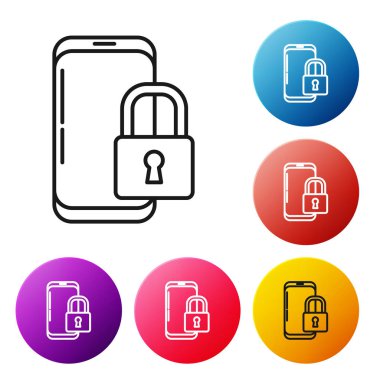 Black line Smartphone with closed padlock icon isolated on white background. Phone with lock. Mobile security, safety, protection concept. Set icons colorful circle buttons. Vector Illustration