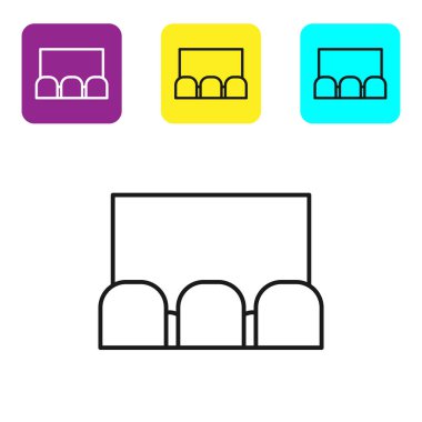 Beyaz arka planda siyah çizgi sinema salonu ve koltuk ikonu var. Renkli kare düğmeleri ayarlayın. Vektör İllüstrasyonu