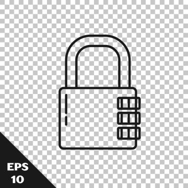 Siyah çizgi şifreli kilit simgesi şeffaf arkaplanda izole edildi. Kombinasyon asma kilit. Güvenlik, güvenlik, koruma, şifre, gizlilik. Vektör İllüstrasyonu