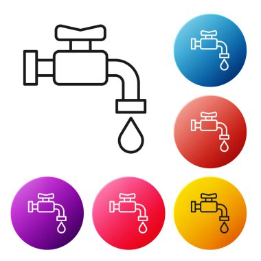 Siyah çizgi su musluğu simgesi beyaz arkaplanda izole edildi. Renkli daire düğmelerini ayarlayın. Vektör İllüstrasyonu