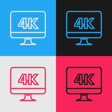 Renkli çizgi bilgisayar bilgisayar ekranı görüntüleme 4k video teknolojisi ikonu renk arkaplanında izole edildi. Klasik tarzda çizim. Vektör İllüstrasyonu