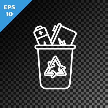 Geri dönüşüm sembolü simgesi olan beyaz çizgi geri dönüşüm kutusu şeffaf koyu arkaplanda izole edildi. Çöp kutusu simgesi. Çöp kutusu tabelası. Geri dönüşüm sepeti işareti. Vektör İllüstrasyonu