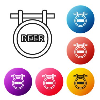 Beyaz arka planda siyah çizgi sokak tabelasında bira simgesi var. Reklamlar için uygun bar, kafe, bar, restoran. Renkli daire düğmelerini ayarlayın. Vektör İllüstrasyonu