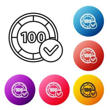 Siyah çizgi kumarhane çipleri simgesi beyaz arka planda izole edildi. Kumarhane kumarı. Renkli daire düğmelerini ayarlayın. Vektör İllüstrasyonu