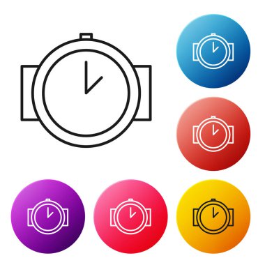 Siyah çizgi dalış ikonu beyaz arkaplanda izole edildi. Su altı ekipmanları. Renkli daire düğmelerini ayarlayın. Vektör İllüstrasyonu