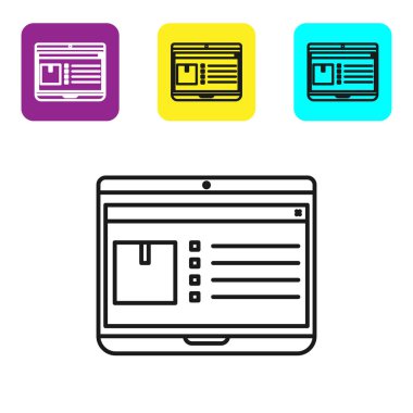 Uygulama iletim simgesine sahip siyah çizgi dizüstü bilgisayar beyaz arkaplanda izole edildi. Paket takibi. Renkli kare düğmeleri ayarlayın. Vektör İllüstrasyonu