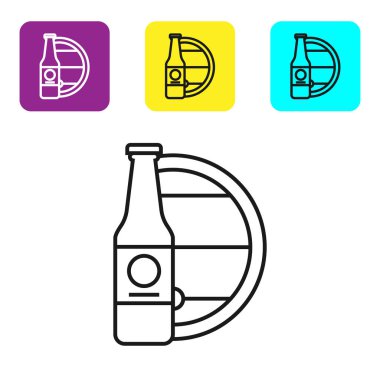 Black line Beer bottle and wooden barrel icon isolated on white background. Set icons colorful square buttons. Vector Illustration