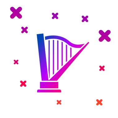 Renkli Harp simgesi beyaz arkaplanda izole edildi. Klasik müzik enstrümanı, orkestra akustik elementi. Kademeli rastgele dinamik şekiller. Vektör İllüstrasyonu