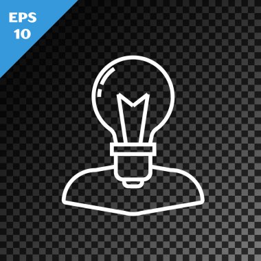 Beyaz çizgi insan kafası ve ampul simgesi şeffaf koyu arkaplanda izole edilmiş. Vektör İllüstrasyonu