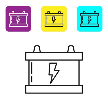 Siyah çizgili araba aküsü simgesi beyaz arkaplanda izole edildi. Akümülatör bataryası enerji ve elektrik akümülatörü bataryası. Şimşek çaktı. Renkli kare düğmeleri ayarlayın. Vektör İllüstrasyonu