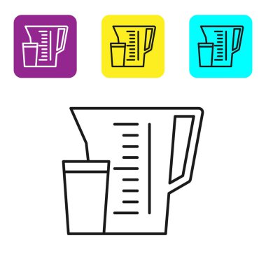 Siyah çizgi ölçme kabı beyaz zemin üzerinde izole edilmiş kuru ve sıvı yiyecek ikonunu ölçmek için. Plastik şişenin sapı var. Renkli kare düğmeleri ayarlayın. Vektör İllüstrasyonu