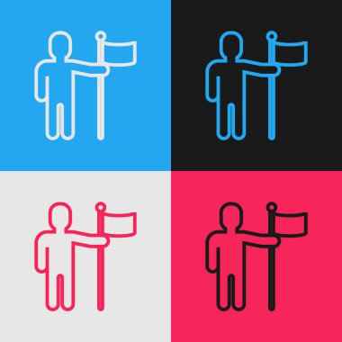 Renk çizgisi adamı renk arkaplanında bayrak simgesi tutuyor. Klasik tarzda çizim. Vektör İllüstrasyonu