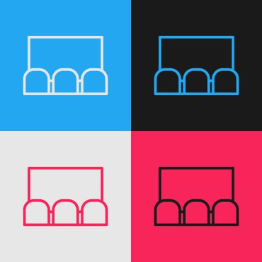 Renkli sinema salonu ekranı ve renkli arka planda izole edilmiş koltuk simgesi. Klasik tarzda çizim. Vektör İllüstrasyonu