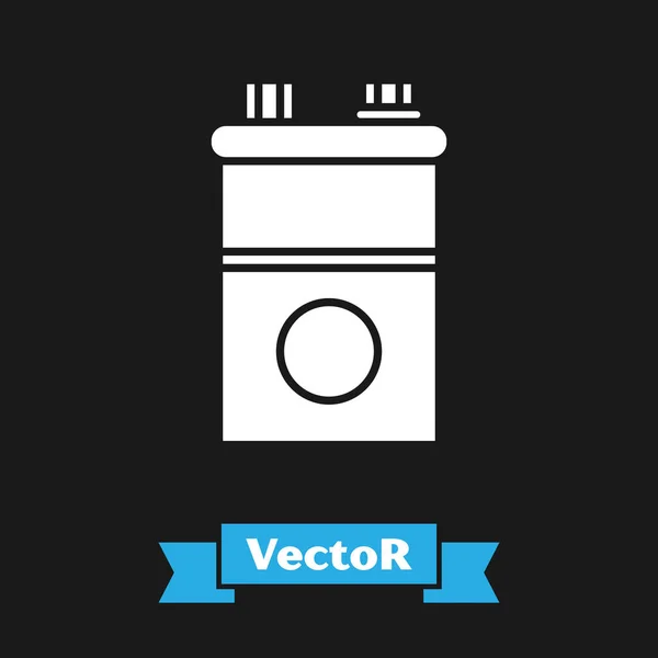 Icono de la batería del coche blanco aislado sobre fondo negro. Acumulador de energía de la batería y la batería acumulador de electricidad. Ilustración vectorial — Vector de stock