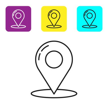 Beyaz arka plan üzerinde siyah çizgi Harita pin simgesi. Navigasyon, işaretçi, yer, harita, gps, yön, yer, pusula, iletişim, arama konsepti. Simgeleri renkli kare düğmeleri ayarlayın. Vektör İllüstrasyonu