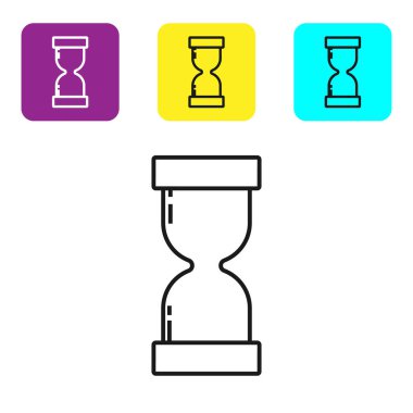 Beyaz arka plan üzerinde izole akan kum simgesi ile Siyah hat Eski kum saati. Kum saati işareti. İş ve zaman yönetimi kavramı. Simgeleri renkli kare düğmeleri ayarlayın. Vektör İllüstrasyonu