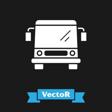 Siyah arka planda izole beyaz otobüs simgesi. Ulaşım konsepti. Otobüs turu taşıma işareti. Turizm veya kamu araç sembolü. Vektör Illustration