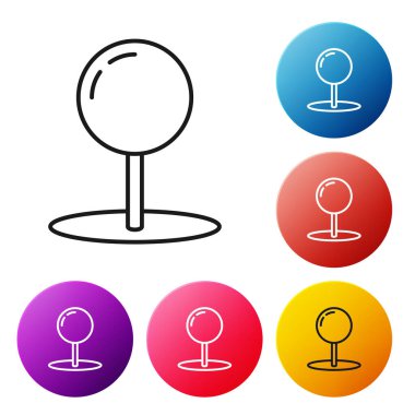 Beyaz arka planda yalıtılmış siyah çizgi Push pin simgesi. Raptiyeler işareti. Simgeleri renkli daire düğmeleri ayarlayın. Vektör İllüstrasyonu