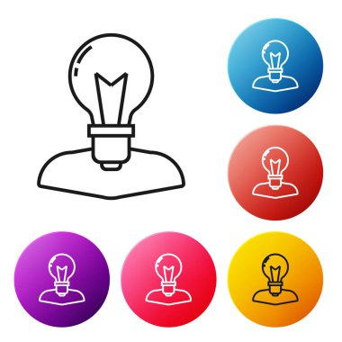 Beyaz arka planda izole lamba ikonu olan siyah çizgi insan kafası. Renkli daire düğmelerini ayarlayın. Vektör İllüstrasyonu