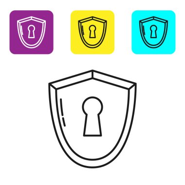 Beyaz arkaplanda izole edilmiş anahtar deliği simgesi olan siyah çizgi kalkanı. Koruma, güvenlik kavramı. Güvenlik rozeti ikonu. Mahremiyet bayrağı. Savunma etiketi. Renkli kare düğmeleri ayarlayın. Vektör İllüstrasyonu