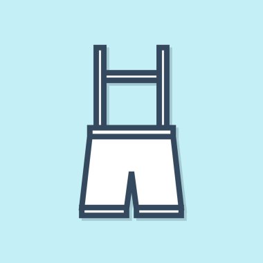 Mavi çizgi Lederhosen simgesi mavi arkaplanda izole edildi. Geleneksel Bavyera kıyafetleri. Oktoberfest kıyafeti. Pantolon ve pantolon askısı. Patrick günü. Vektör İllüstrasyonu