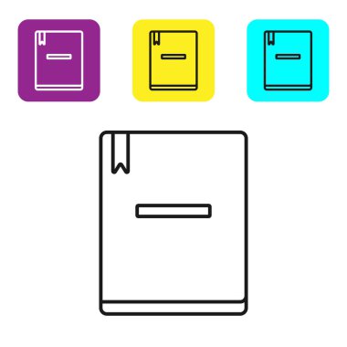 Siyah çizgi Not Defteri simgesi beyaz arkaplanda izole edildi. Spiral not defteri simgesi. Okul defteri. Yazı tahtası. Okul günlüğü. Renkli kare düğmeleri ayarlayın. Vektör İllüstrasyonu