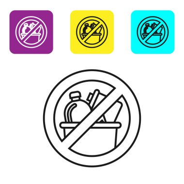 Siyah çizgi Beyaz arkaplanda çöp simgesi yok. Renkli kare düğmeleri ayarlayın. Vektör İllüstrasyonu