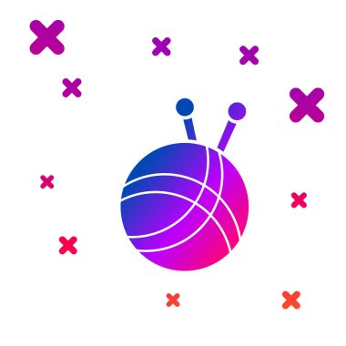 Beyaz arka plan üzerinde izole örgü iğneleri simgesi ile Renk İplik topu. El yapımı, örgü veya terzi dükkanı için etiket. Gradyan rasgele dinamik şekiller. Vektör İllüstrasyonu