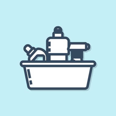 Mavi çizgi plastik şişeler sıvı çamaşır deterjanı, çamaşır suyu, bulaşık deterjanı ya da mavi arka planda izole edilmiş başka bir temizlik maddesi. Vektör İllüstrasyonu