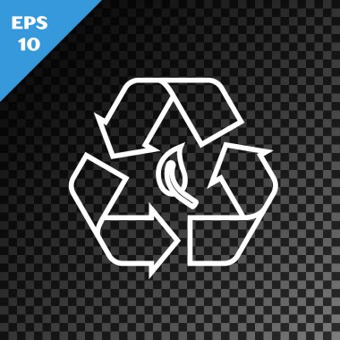 Beyaz çizgi Geri Dönüşüm sembolü ve yaprak simgesi şeffaf koyu arkaplanda izole edilmiş. Çevre geri dönüşümü yeşile döner. Vektör İllüstrasyonu