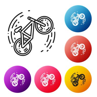 Siyah çizgi bisiklet numarası simgesi beyaz arkaplanda izole edildi. Bisiklet yarışı. Olağanüstü bir spor. Spor malzemeleri. Renkli daire düğmelerini ayarlayın. Vektör İllüstrasyonu